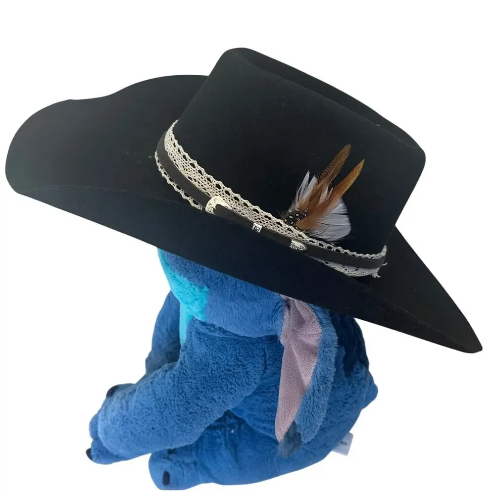Black Felt Cowboy Hat One Size 7 1/2 Western Wool Festival Hatband Cowgirl Vegan
